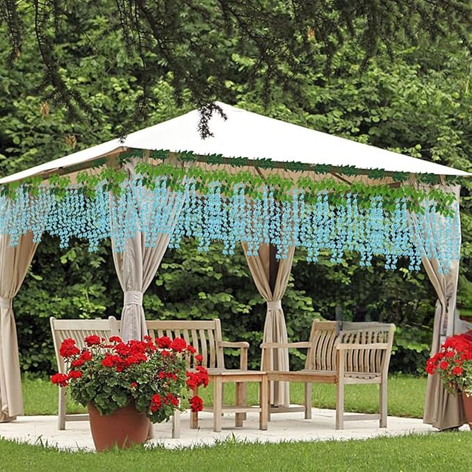 Artificial Wisteria Hanging Flowers Fake Wisteria Flower Garland Silk Vines Rattan Decor for Home Wedding Arch Wall Garden Greenery Bedroom Outdoor Office Party Decoration (12, Blue)