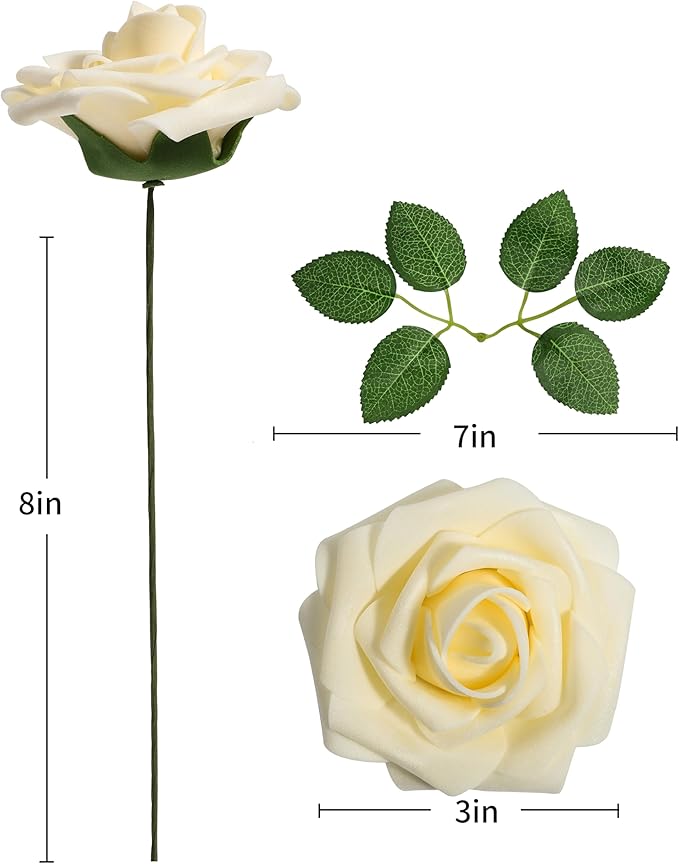 DuHouse 25Pcs Artificial Roses Flowers Fake Rose with Stems Real Touch Foam Flowers for DIY Wedding Bouquet Baby Shower Centerpiece Floral Arrangement Party Home Decor(Light Champagne)