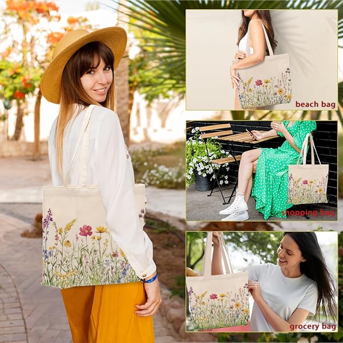 Aesthetic Floral Canvas Tote Bag for Women with Pocket, Tote Bags for Grocery Shopping Travel Christmas Birthday