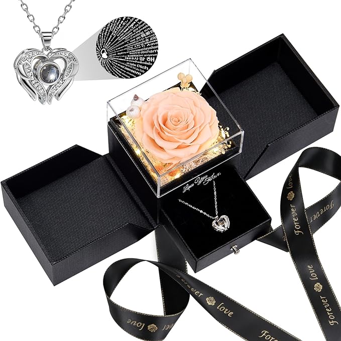 FIACO Gifts for Women Preserved Real Roses with I Love You Necklace Fresh Forever Flowers Birthday Gifts for Mom Grandma Wife Girlfriend on Anniversary Christmas Valentines Romantic Gift