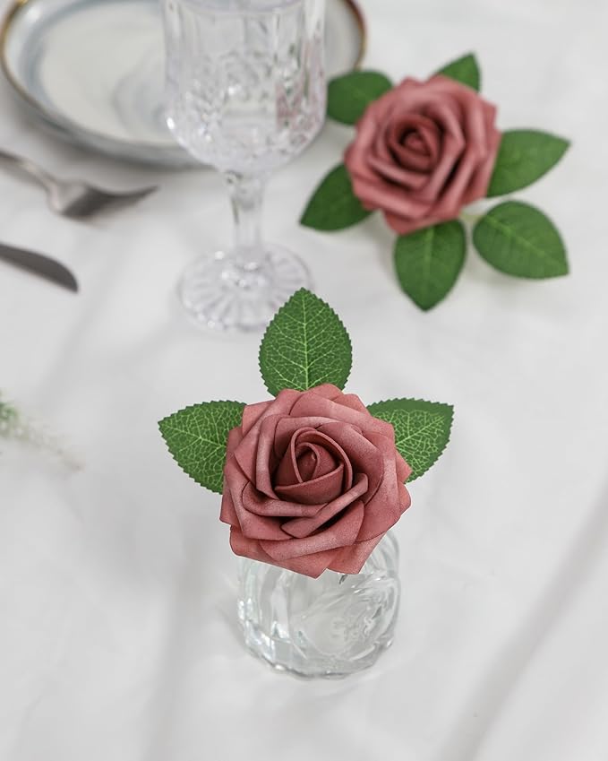 DuHouse 25Pcs Artificial Roses Flowers Fake Rose with Stems Real Touch Foam Flowers for DIY Wedding Bouquet Baby Shower Centerpiece Floral Arrangement Party Home Decor(Dusty Rose)