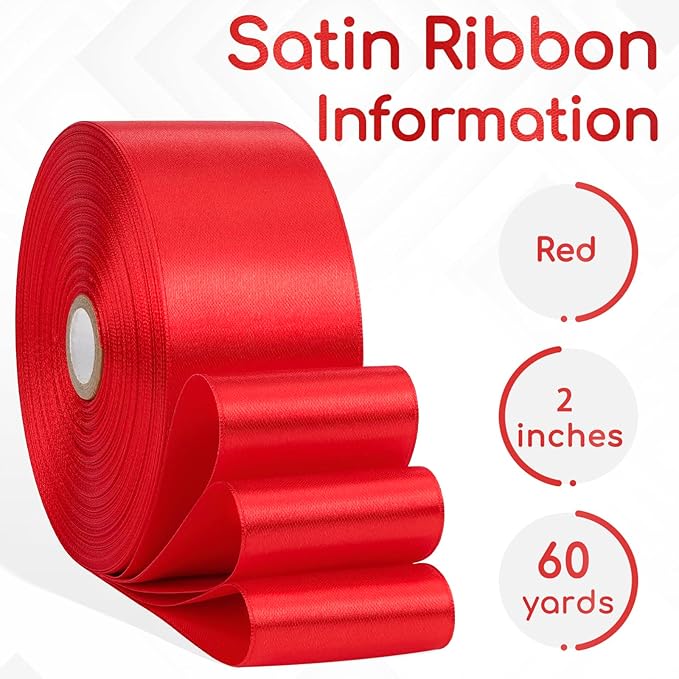 Red Ribbon 2 Inch, 60 Yards Red Satin Ribbon for Flower Bouquet, Crafts, Gift Wrapping, Handmade Roses, Bows, Wedding and Festival Decor
