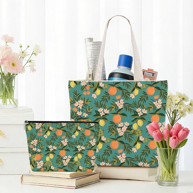 Aesthetic Floral Tote Bag Makeup Bag Flower Decor Gifts for Girls Christmas Shopping Grocery Bags Cosmetic Bags