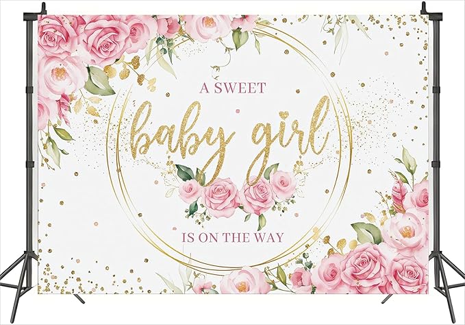 Pink Floral Girl Baby Shower Backdrop 10x8ft A Sweet Baby Girl is on The Way Backdrop for Gender Reveal Party Decoration It's a Girl Banner Photo Booth Props