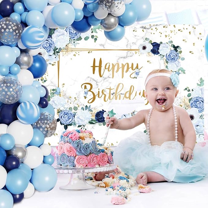 MEHOFOND 8x6ft Happy Birthday Backdrop Blue and White Flowers Bday Photography Background Girls Geometric Gold Glitter Dots Birthday Floral Party Decorations Cake Smash Decor Studio Photo Props