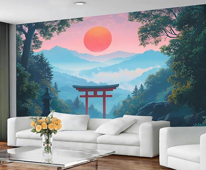 KIREUPA Japanese Torii Gate Wall Mural, Sunrise Mountain Landscape 3d Wall Murals, Zen Nature Art Wallpaper Mural, for Living Room Bedroom Large Wallpaper Indoor Decor 197" W x124.8 H