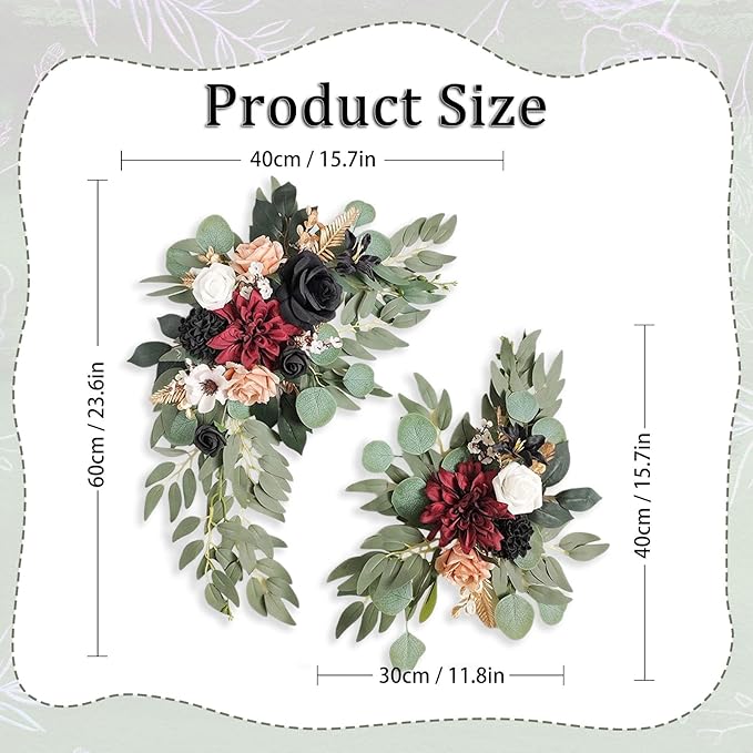 Burgundy Faux Flower Swag Set of 2, Artificial Flowers Swags for Wedding Arch, Wedding Welcome Signs, Welcome Reception Ceremony Signs Decorations