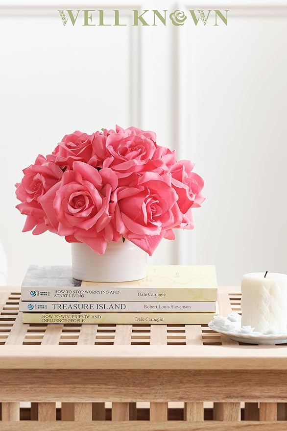 WELL KNOWN Artificial Flowers in Vase, Silk Rose Arrangement Mini Potted Realistic Fake Flowers with Ceramic Vase for Wedding Vanity Home Centerpiece Coffee Table Bathroom Anniversary Decor (Hot pink)