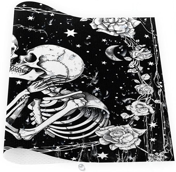 Halloween Skull Goth Flower Placemats Set of 4 PVC Vinyl Non Slip Table Mats Heat Resistant Place Mats Washable Wipeable Dining Table Mat for Kitchen Decor Party Indoor Outdoor Decorative Gift