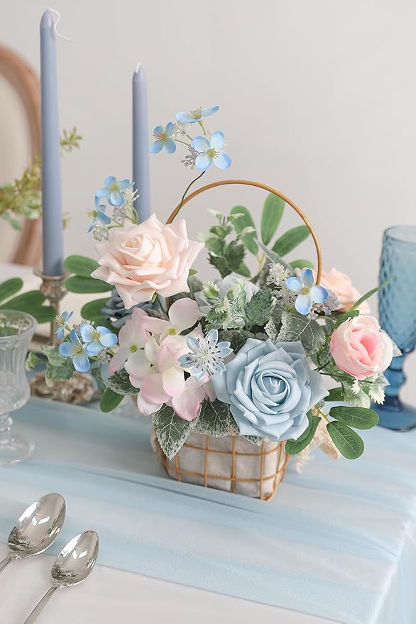 Blue Pink Artificial Flowers Set - Fake Roses, Peonies, Silk Flowers with Stems for DIY Wedding Bouquets,Floral Arrangement,Table Centerpieces,Baby Shower, Home Decor