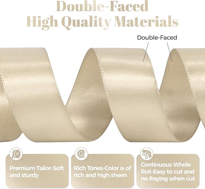 Beige Satin Ribbon, Double Faced 1 Inch X 25 Yards Beige Ribbon, Premium Satin Ribbon for Gift Wrapping, Crafts, Hair Bow Making, Sewing, Flower Bouquet, Wedding Party Decor