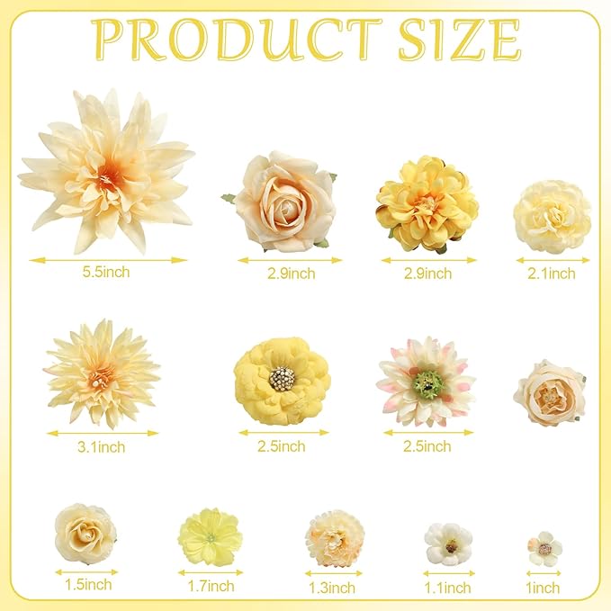 Fake Flowers Heads Bulk Yellow Mini Artificial Silk Flower for Crafts, Small Artificial Daisy Roses Faux Flowers for Graduation Cap DIY Cake Wedding Party Home Garland Decoration