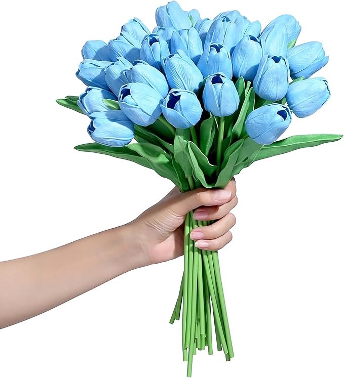 SITUMEIZI 15pcs Blue Tulips Fake Artificial Flowers Real Touch 14" Silk Flower for Home Decor Spring Easter Wedding Bouquet Decorations Floral Arrangements