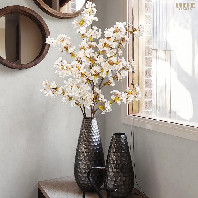 Uieke Silk Cherry Blossom Branches, 39.3in Artificial Cherry Blossom Tree Stems, Fake Plum Blossom Flowers Arrangement for Wedding Home Japanese Decor, Set of 3, White
