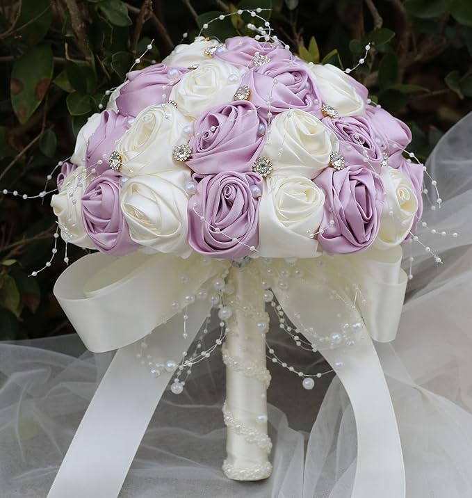 Bridal Wedding Bouquet Round Bling Brooch Bouquet Throw Toss Artificial Rose Flower Bunch for Bride Bridesmaid Wedding Quinceanera(Light Taro Purple & Ivory, 9.8")