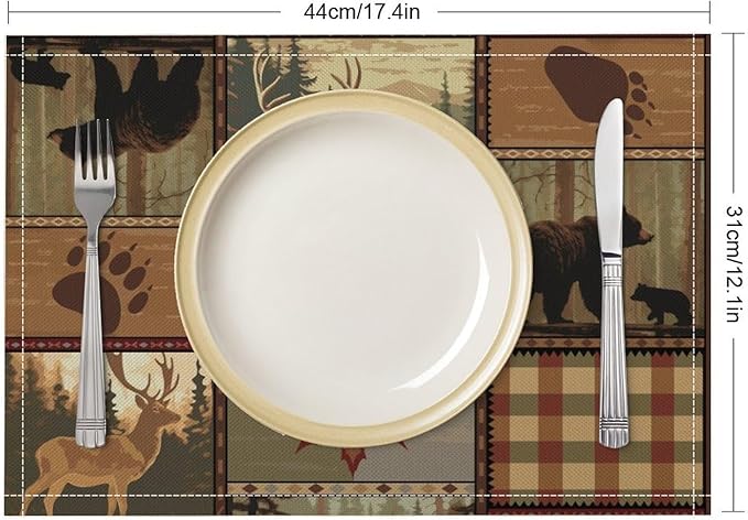 Retro Rustic Lodge Bears Placemats Set of 6, Vintage Cabin Farmhouse Country Style Place Mats, Heat Resistant Non Slip Cotton Linen Dining Table Mats for Home Kitchen 18x12 Inch