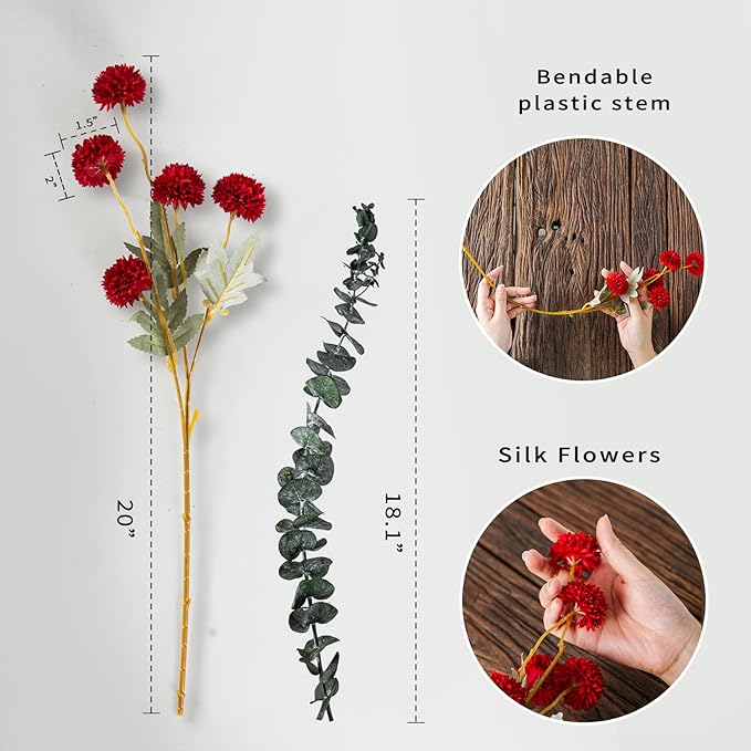 6 Artificial Silk Flowers + 3 Eucalyptus, Artificial Chrysanthemums with Stems for Home Decor,Bumnt Orange and Red Mix