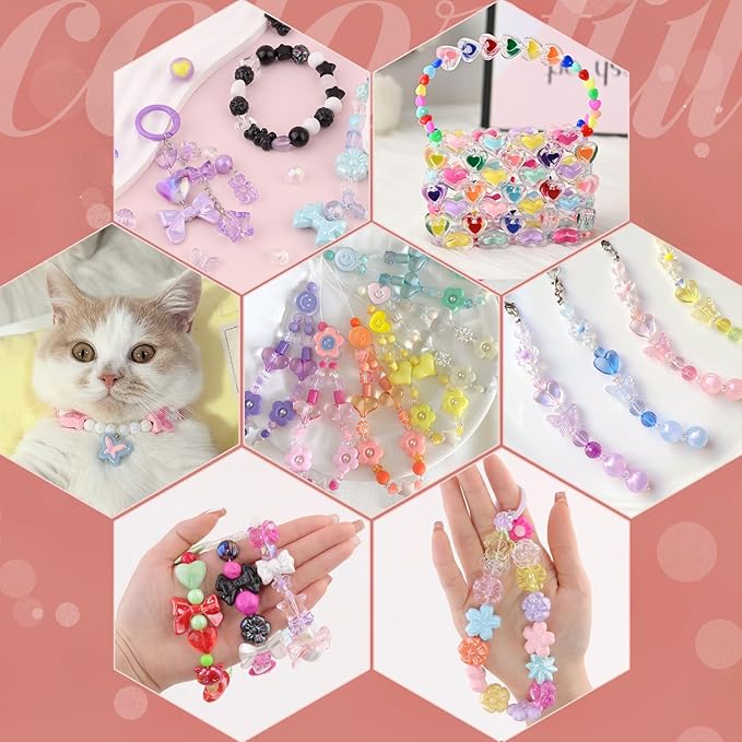 Assorted Acrylic Beads, 400-450PCS 6 Mixed Series Cute Beads for Bracelet Making, GummyBear Bow Flower Kawaii Charms for Jewelry Making DIY Necklace Keychain Phone Charm Christmas Gift