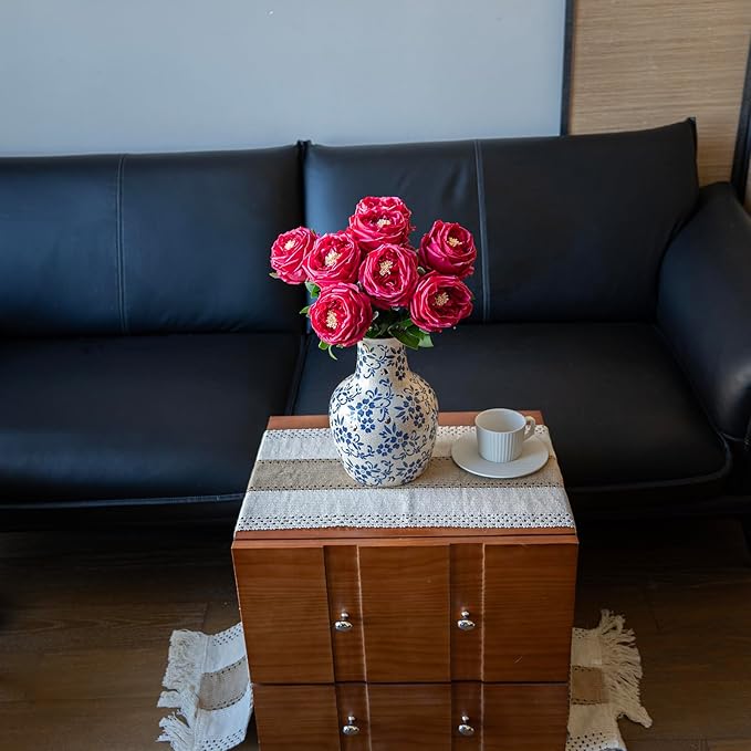 Fake Flowers for Decoration Home Decor Real Touch Artificial Flowers Austin Rose Peony Latex Fake Flower Living Room Decoration Vivid Pink Roses Peonies (Red 4pcs)