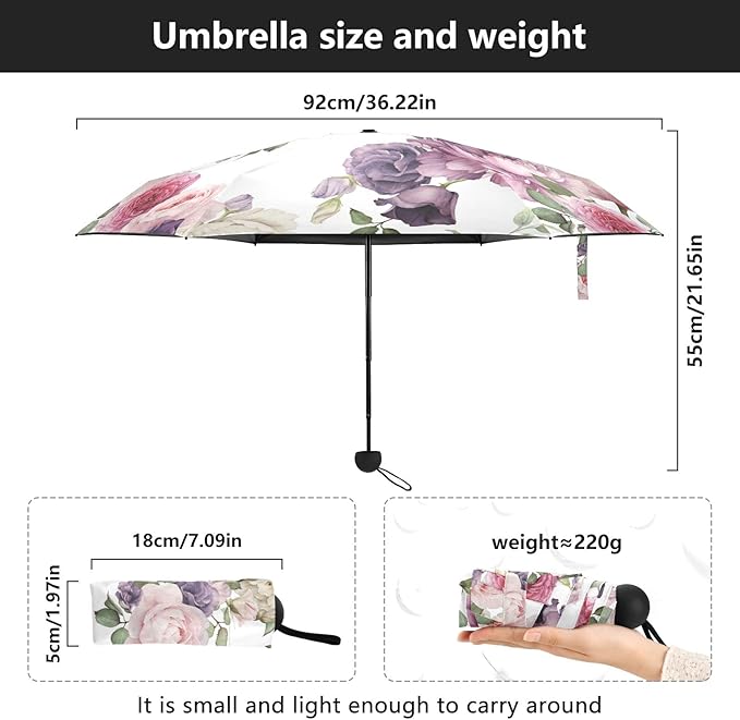 MRMIAN ALAZA Pink & Red Rose Flowers Purple Roses Folding Umbrella for Rain Sun Travel Mini Lightweight Compact Umbrellas
