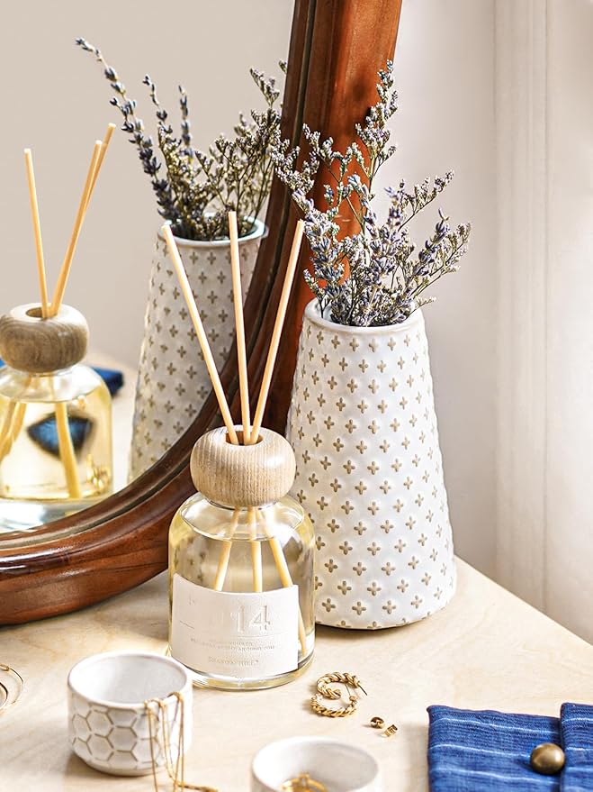 Ceramic Vase for Decor, 6 Inch+7.1 Inch White Flower Vase for Lego Flowers, Tulip and Pampas Grass, Embossed Farmhouse Vases for Centerpieces,Home Living Room Dining Table Office Decor, Arctic White