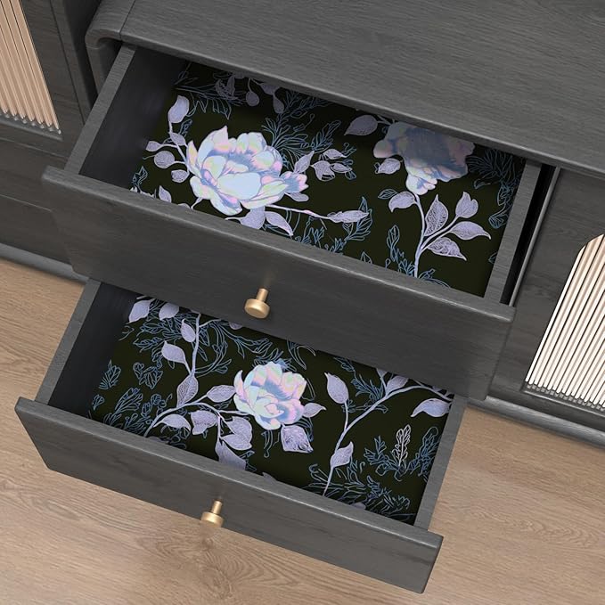Black White Blue Floral Peel and Stick Wallpaper Flowers Contact Paper 17.5"x118" Self Adhesive Waterproof Vintage Dark Floral Wall Paper for Shelf Liner Cabinet Decor