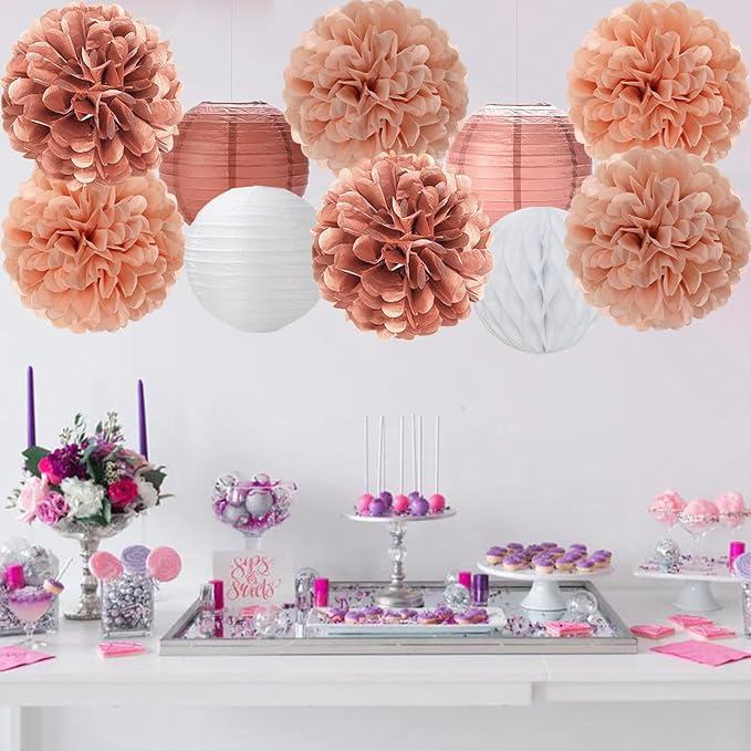 Rose Gold Paper Flowers Tissue Pom Poms Honeycomb Lanterns 15pcs Party Decorations Galentines Birthday Wedding Baby Shower Mothers Day Hanging Supplies Mprocherify
