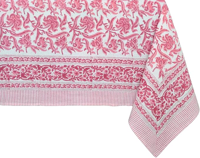 ATOSII Red Bloom 100% Cotton Tablecloth, Handblock Print Rectangle Table Cover for Kitchen Dining I Tabletop Linen I Parties, Wedding, Spring Summer Table Cloth 60 X 90 Inches