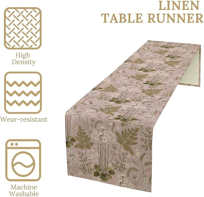 Spring Floral Table Runner, Rustic Retro Field Herbal Plant Purple Pink Wildflower Country Natural Floral Fern Print Table Cover for Indoor Outdoor Dinner Party Decor, 13x70inch