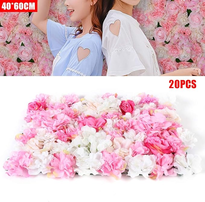 20 Pack Artificial Flower Wall Panels 24" x 16" Pink&White Faux Hydrangea and Rose Artificial Flower Backdrop Panels for Wedding Party Event Flower Wall Decor