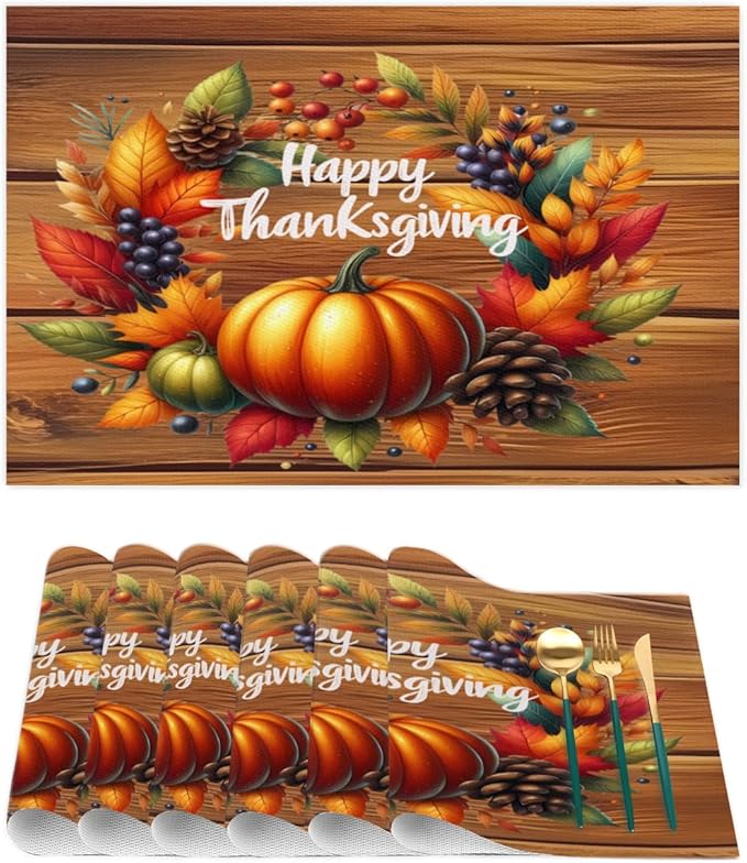 Thanksgiving Pumpkin Holiday Rainbow Placemats Set of 6 PVC Vinyl Non Slip Table Mats Heat Resistant Place Mats Washable Wipeable Dining Table Mat for Kitchen Party Indoor Outdoor Decorative Gift