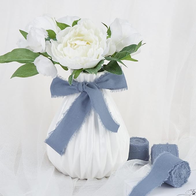 Dusty Blue Ribbon 1-1/2 x 15 Yards Handmade Cotton Frayed Fringe Fabric Ribbons for Crafts Flower Bouquets Wedding Baby Shower Home DIY Decor