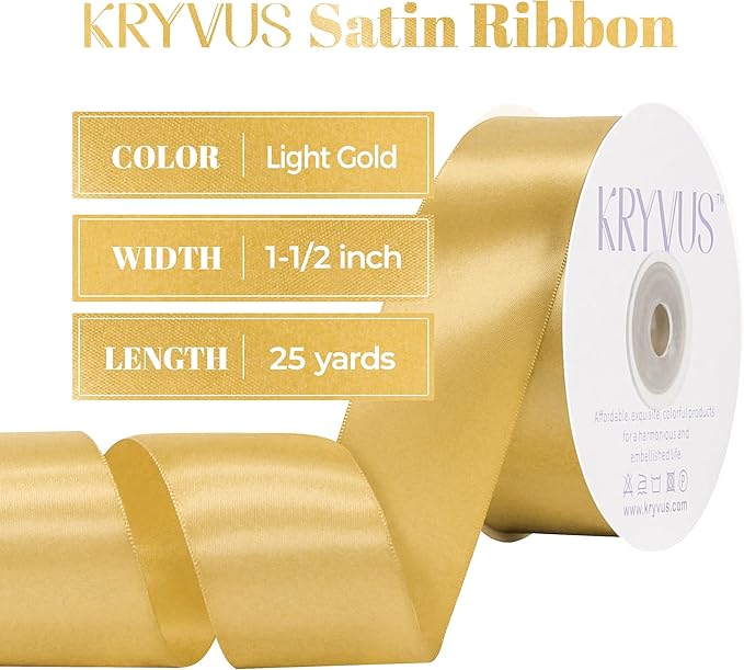 Light Gold Satin Ribbon, Double Faced 1-1/2 Inch X 25 Yards Light Gold Ribbon, Premium Satin Ribbons for Gift Wrapping, Crafts, Hair Bow Making, Sewing, Flower Bouquet, Wedding Party Decor