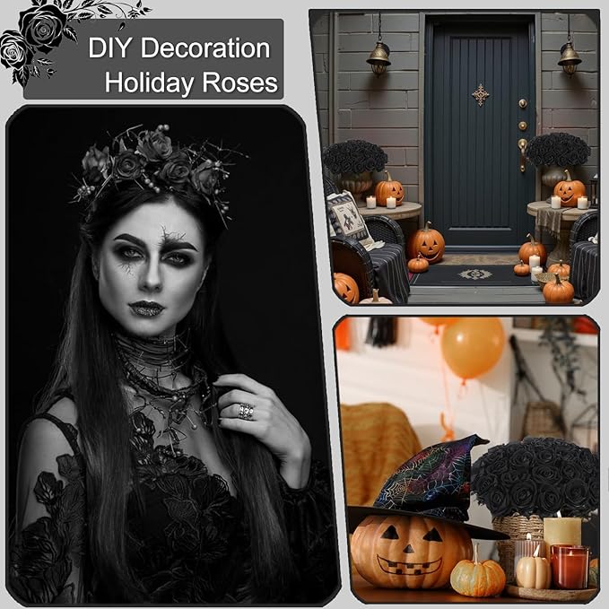 12Pcs Black Roses Artificial Flowers Fake Rose Faux Velvet Silk Flowers for Home Wedding Decoration (Pearl Roses, Pure Black)