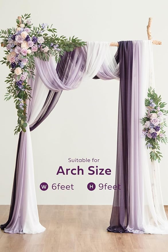Ling's moment Wedding Arch Flowers with Sheer Drapes Kit - Artificial Purple and Gold Rose Floral Arrangements for Ceremony Backdrop, Arbor Decor, 5-Piece Set (2 Flower Stems + 3 Hanging Drapes)