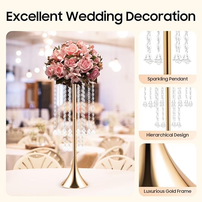 10 Pieces Centerpiece Gold Crystal Vase, 21.9 Inch Acrylic Crysta Wedding Flower Stand, for Wedding Reception, Party, Banquet, Hotel Decorations