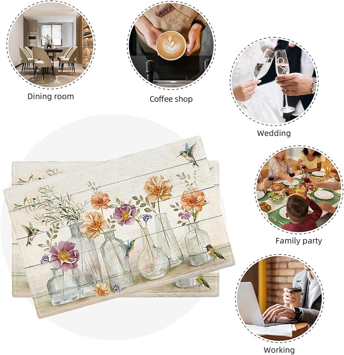 Floral Placemats Set of 6 Flower Hummingbird Table Mats Washable Place Mats for Home Party Indoor Kitchen Dining Table Decoration 12x18 Inch