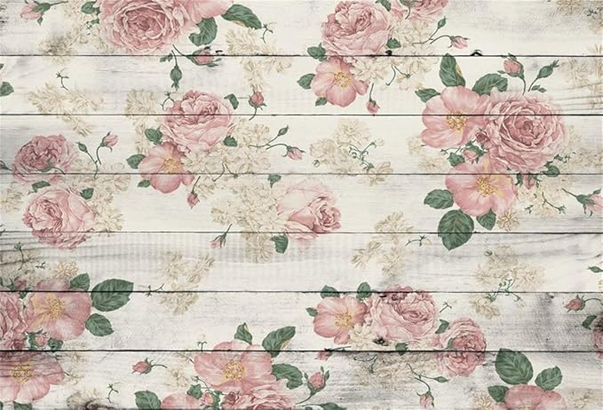 AOFOTO 15x10ft Vintage Wood Plank Rose Flower Photography Background Retro Wooden Board Pink Floral Wedding Backdrop Mother's Day Lady Girl Kid Woman Portrait Valentine's Day Photo Studio Props Vinyl