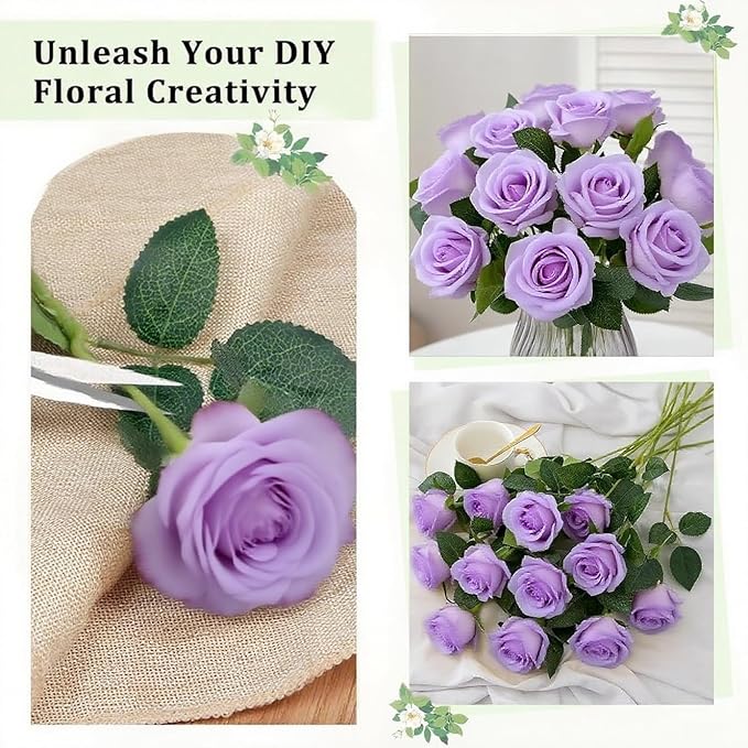 Roses Artificial Flowers 15 PCS, Fake Roses Silk Flowers with Long Stems, Faux Rose for Wedding Centerpieces, Home Decor, Indoor Floral Arrangements, Party Decor, DIY Bouquet (Light Purple)
