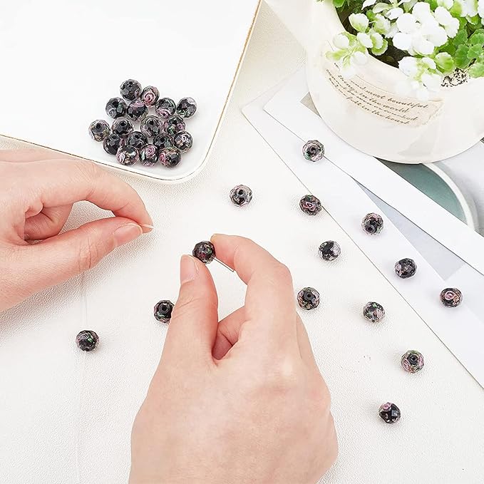 PH PandaHall 60pcs 8~10mm Gold Sand Lampwork Beads Glass Handmade Round Loose Beads for Rosary Making Jewelry Craft Making with 2mm Hole - Black