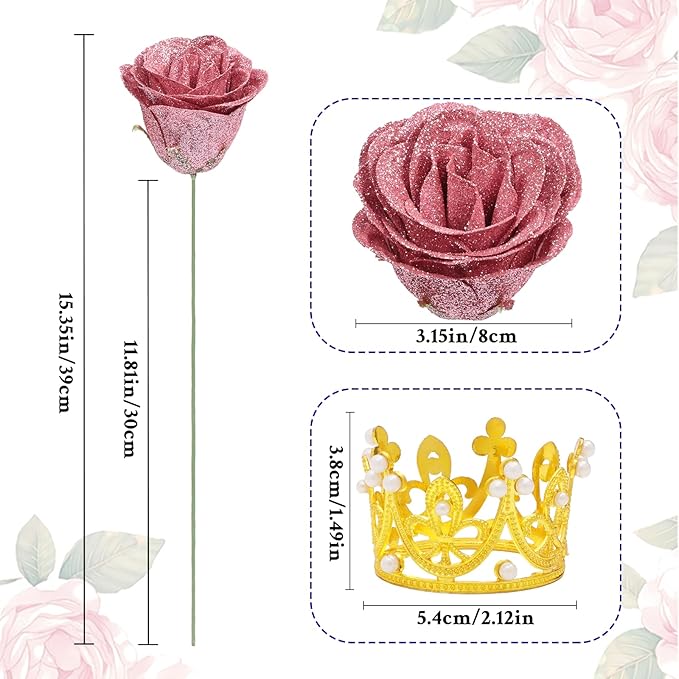 Waipfaru Glitter Roses Bouquet, DIY Fake Flowers Bouquet, Rose Gold Artificial Flower, Valentines, Anniversary, Engagement, Wedding, 36 Pcs