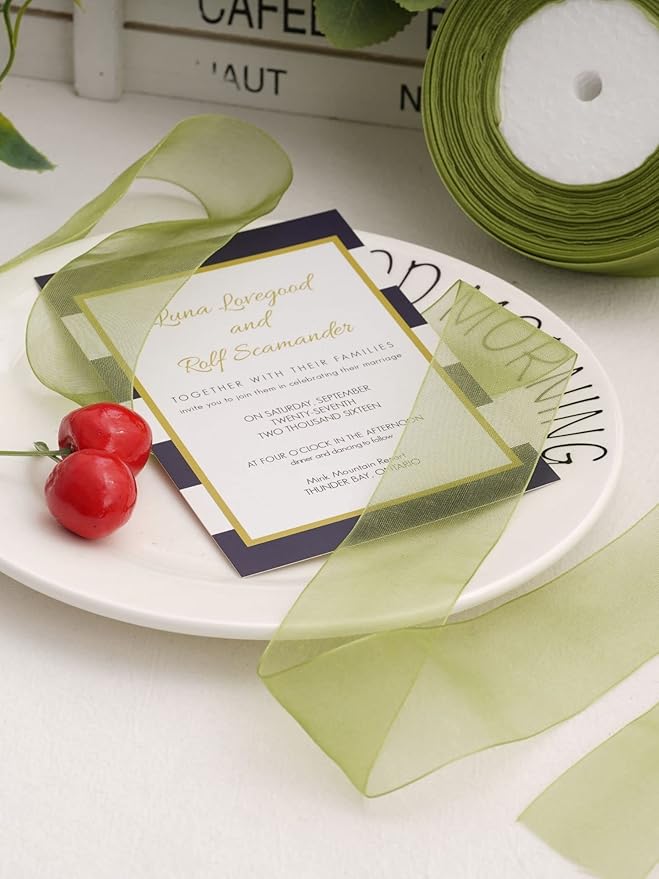 Sage Green Organza Ribbon for Gift Wrapping, FAKILO 2 Inch Shimmer Sheer Wrapping Ribbon for Bouquet, Wedding, Christmas Gift - 50 Yards Each Roll