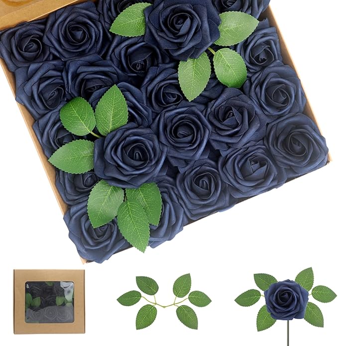 100Pcs Navy Blue Artificial Flowers Roses Real Looking Foam Fake Roses with Leaves and for DIY Wedding Bouquets Bridal Shower Centerpieces Party Decorations (Navy Blue, 100)