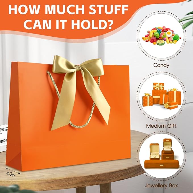 JMANNI 1PCS Large Gift Bag with Ribbon and 1 Greeting Card 2 Tissue Papers, Portable Paper Gift Bag with Handles, Birthday Present Bags for Wedding Party,Mothers Day12.6" x 9.8" x 3.9"(Orange
