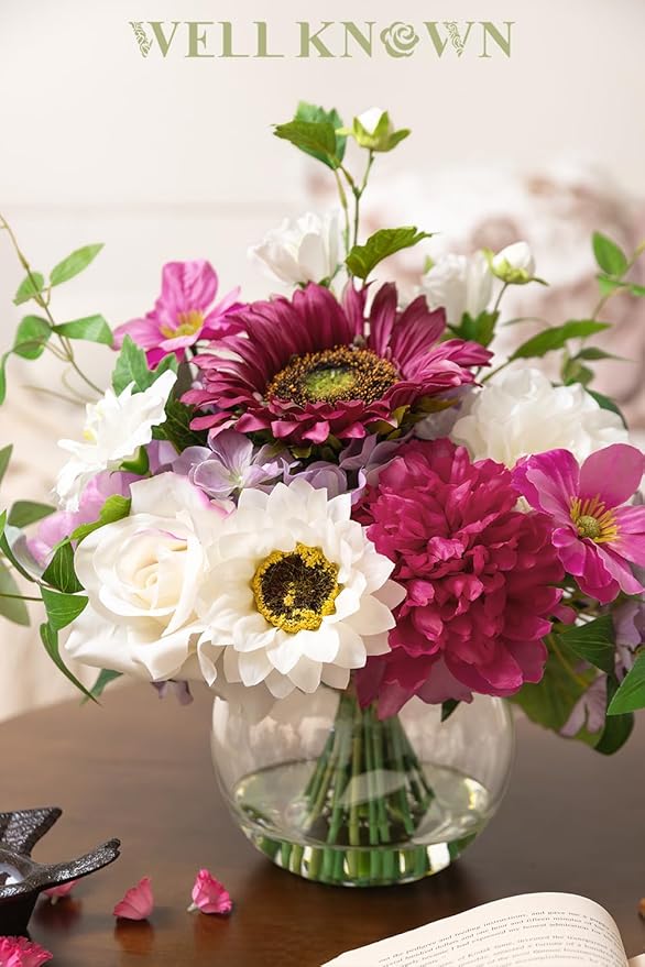 Artificial Flowers Centerpieces in Glass Vase with Fake Water, Silk White Rose Sunflowers Peony Bouquet with Vase for Birthday Party Wedding Dinning Table Office Hotel Decor (Fuchsia Mixed Plus)