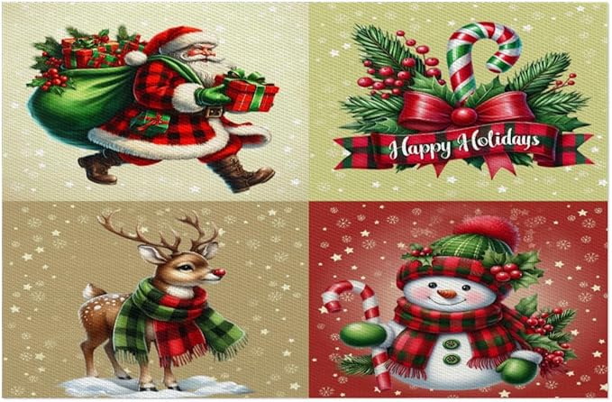 Christmas Waffle Santa Claus Cute Placemats Set of 4 PVC Vinyl Non Slip Table Mats Heat Resistant Place Mats Washable Wipeable Dining Table Mat for Kitchen Decor Party Indoor Outdoor Decorative Gift
