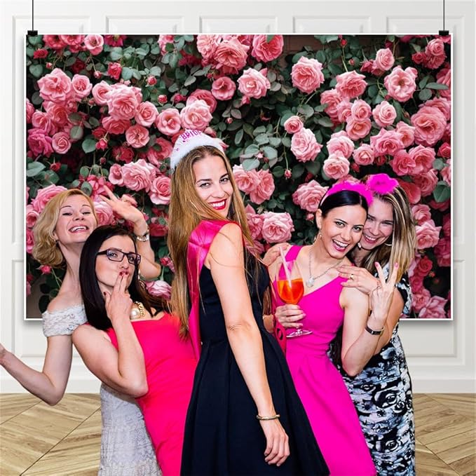 8x6ft Pink Rose Wall Backdrop Big Flower Wedding Romantic Green Leaves Photography Background Couple Family Tea Party Birthday Bridal Shower Valentine's Day Anniversary Ceremony Cake Table