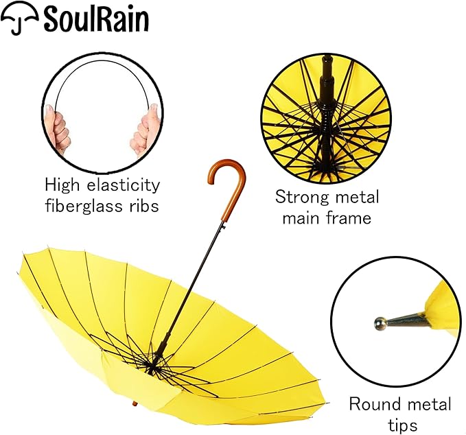 SoulRain 16 Ribs 48" Stick Umbrella Auto Open Solid Color Fashionable and Simple，Arc Classic Wood Handle，Windproof Unbreakable Stick Rain Umbrella