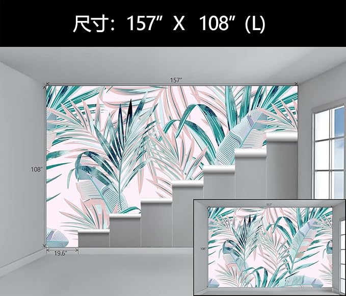WFBHUA-Pink and Green Palm Leaf Wallpaper Large Self Adhesive Mural for Girls' Rooms 157“x108