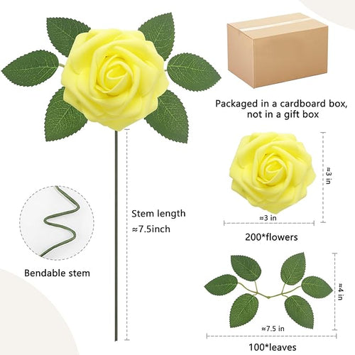 200PCS Yellow Artificial Flowers Roses Real Looking Foam Fake Roses with Leaves for DIY Wedding Bouquets Bridal Shower Party Decorations (Yellow, 200)